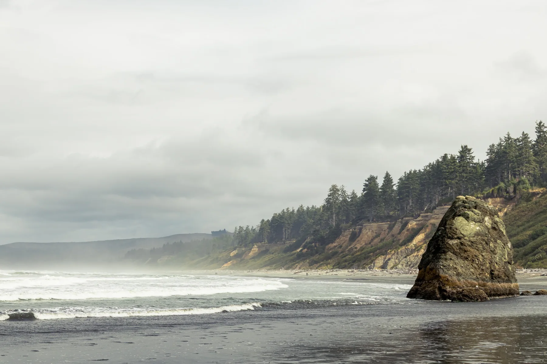 A quiet gray coastline with a solitary sea stack